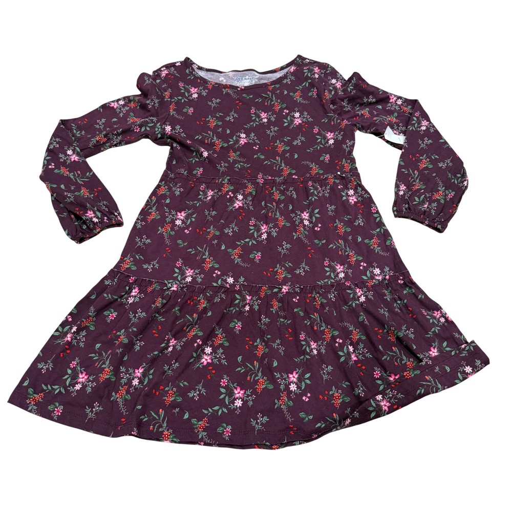 Old Navy Kids Girls Plum Floral Long Sleeve Tiered Jersey Dress‎ L 10-12 NEW